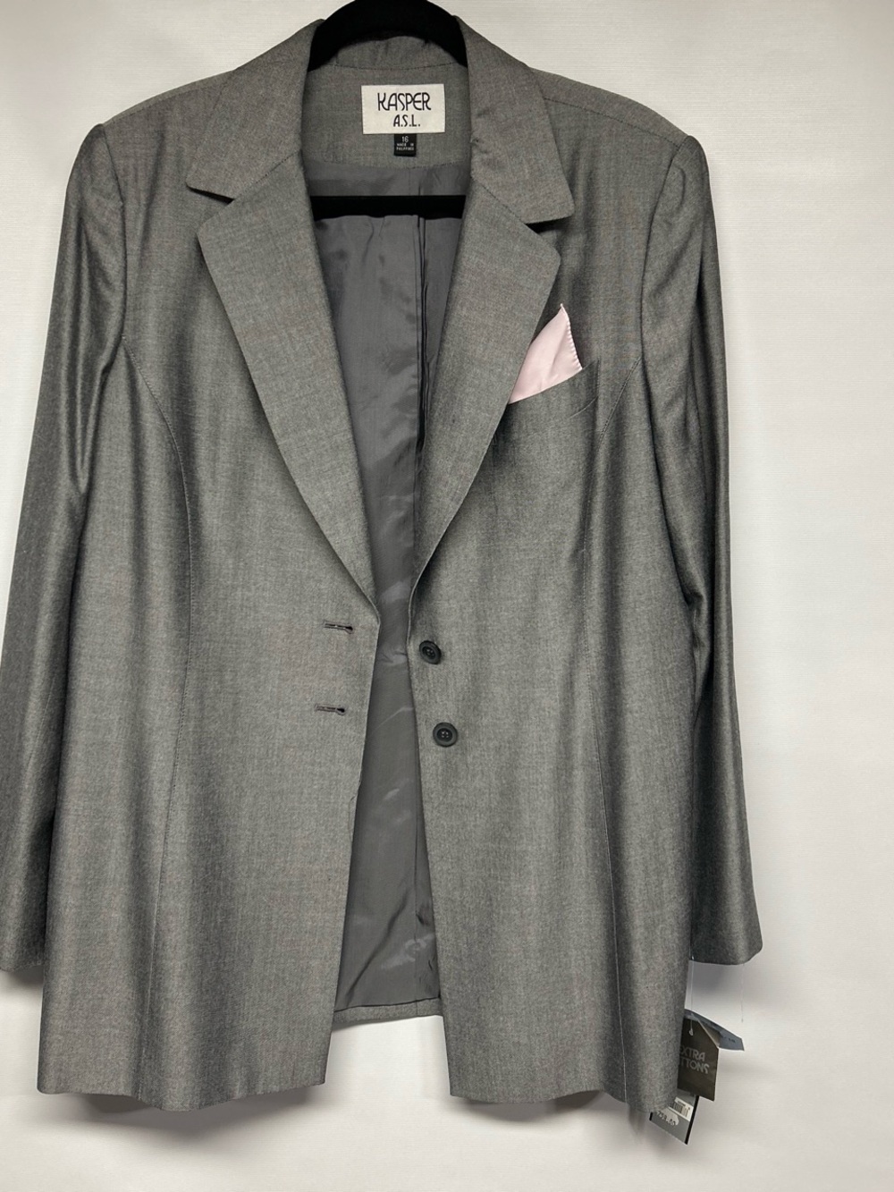 Kasper Gray Womens Blazer with Pink Pocket Square